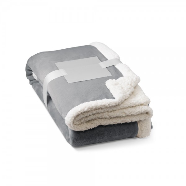 HEIDEN. Coperta reversibile in pile confezionata (190 g/m²) con nastro in raso e cartoncino personalizzabile