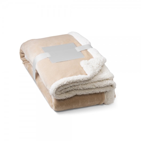 HEIDEN. Coperta reversibile in pile confezionata (190 g/m²) con nastro in raso e cartoncino personalizzabile