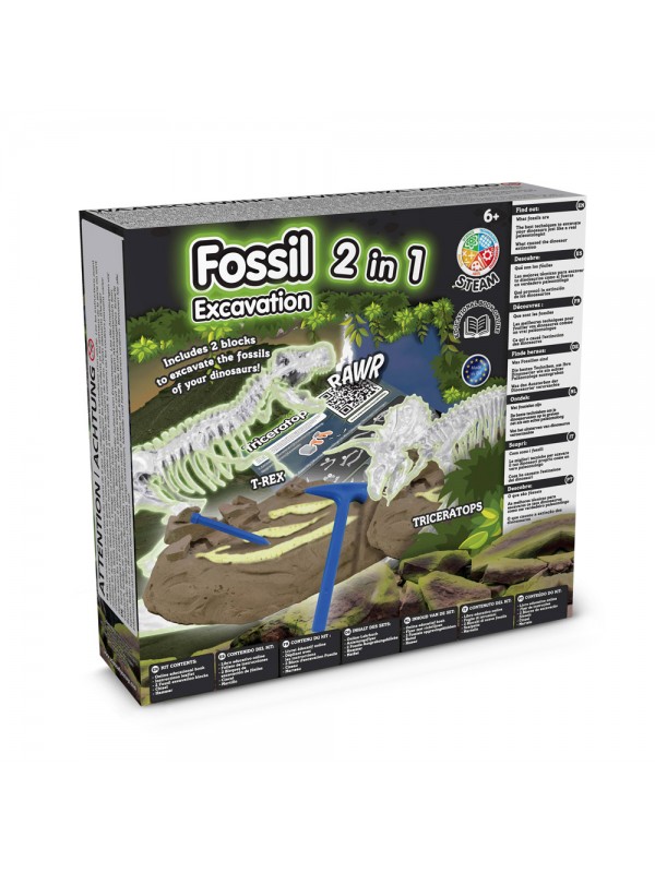 2 in 1 Fossil Excavation Kit II. Gioco educativo fornito con un sacchetto regalo in carta kraft (90 g/m²), realizzato con materiale certificato FSC™ e altri materiali controllati