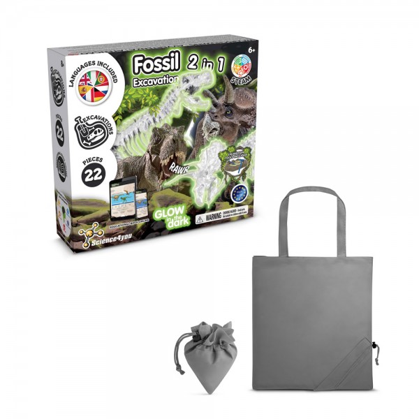 2 in 1 Fossil Excavation Kit V. Gioco educativo fornito con una borsa regalo pieghevole in 190T