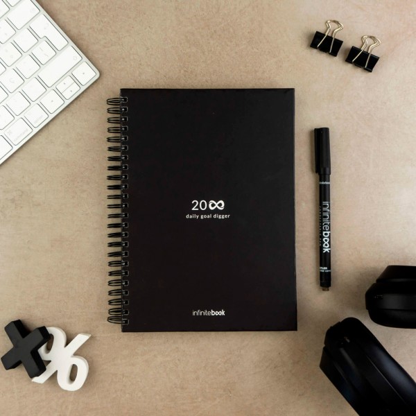 STARTER KIT INFINITE PLANNER A5. Il set include un "Infinity Diary", un kit di pulizia, un pennarello e un porta pennarello
