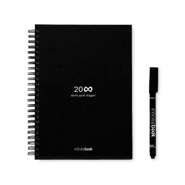 STARTER KIT INFINITE PLANNER A5. Il set include un "Infinity Diary", un kit di pulizia, un pennarello e un porta pennarello
