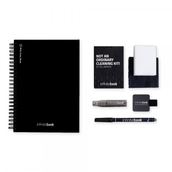 STARTER KIT INFINITEBOOK A5. Il set include un "Infinitebook", un kit di pulizia, un pennarello e un portapennarelli
